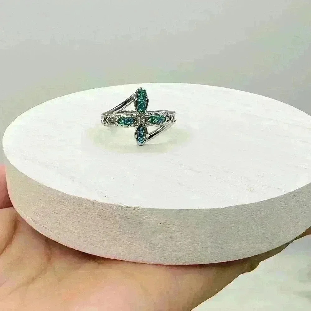 Blue Rhinestone Cross Ring Size 7 - Picture 4 of 6